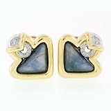 Vintage 18k Gold Triangular Cabochon Sapphire & Round Diamond Geometric Earrings
