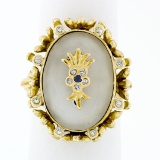 Vintage 18k Gold Oval Cut Frosted Quartz Rock Crystal Diamond & Sapphire Ring