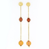 Estate 18K Yellow Gold Bead Citrine Textured Long Box Chain Drop Dangle Earrings