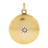 Antique 14k Yellow Gold Old Cut Star Pave Diamond Polished Round Locket Pendant