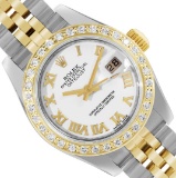 Rolex Ladies 18K Gold And Steel White Roman Diamond Bezel Hidden Clasp Datejust