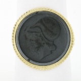 Vintage 14K Gold Round Bezel Carved Hematite Intaglio Knight Twisted Wire Ring