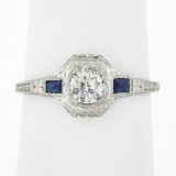 Antique Art Deco 18k Gold .37 ctw European Diamond & Sapphire Etched Filigree Ri