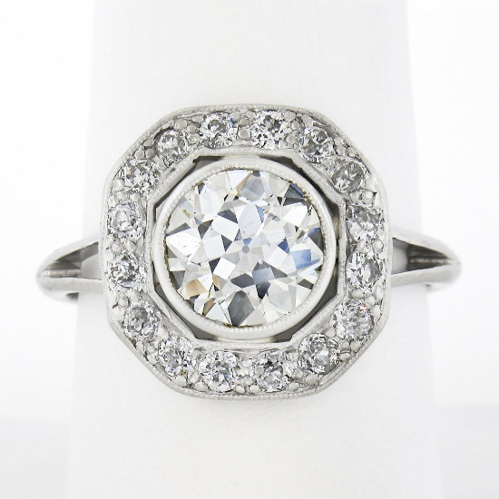 Antique Edwardian Platinum 2.99 ctw GIA European Diamond Bezel & Pave Platter Ri