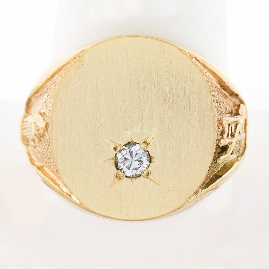 Men's 14K Gold 0.17 ctw Diamond Engraveable Firefighter Textured Oval Signet Rin