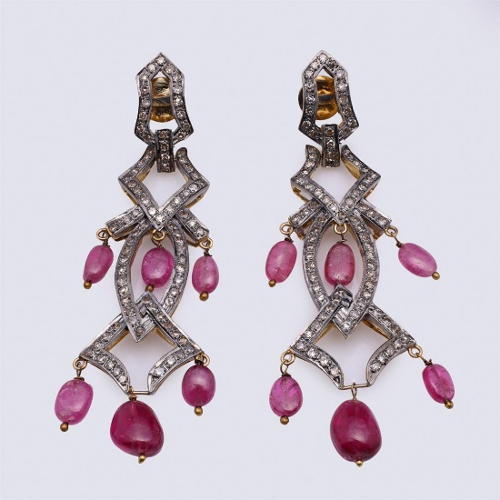 Pair of Mogul Style Silver Topped Gold Tourmaline & Diamond Earrings