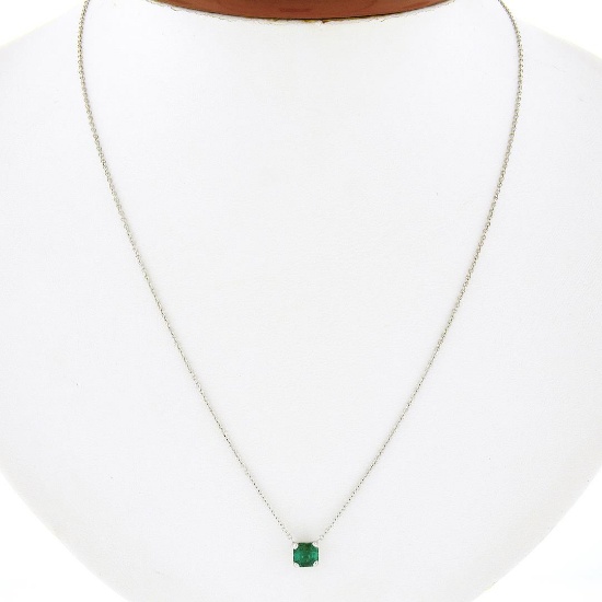 NEW 14K White Gold 0.42 ctw Emerald Cut Emerald Petite Solitaire Pendant Necklac