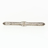 Antique Art Deco 14k White Gold Mine Cut Diamond Open Filigree Bar Pin Brooch