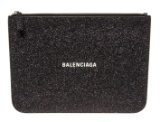 Balenciaga Black Glitter Leather Logo-Print Zipped Clutch