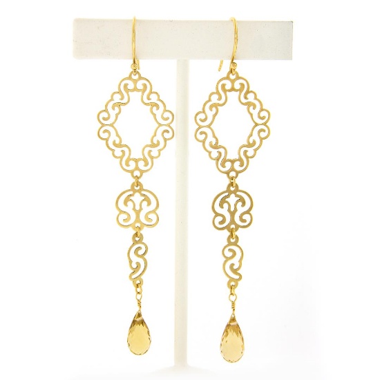 14K Gold Polished Flat Open Work w/ Briolette Citrine Long Drop Dangle Earrings