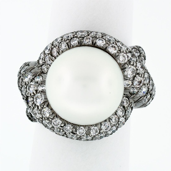 Jean Vitau 18k Black Gold 13.4mm Round Pearl & Diamond Bypass Statement Ring