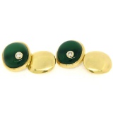 Manfredi 18k Yellow Gold Cabochon Green Chrysoprase & Diamond Men's Cuff Links