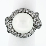 Jean Vitau 18k Black Gold 13.4mm Round Pearl & Diamond Bypass Statement Ring