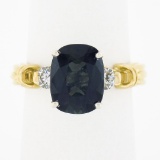 18k Gold Platinum 3.70 ctw GIA Cushion Dark Bluish Green Sapphire w/ Diamond Rin