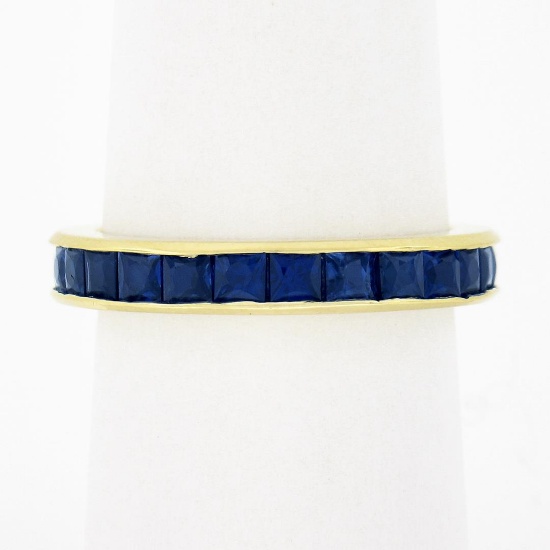 Vintage 18k Gold 3 ctw GIA French Square Cut Sapphire Channel Eternity Band Ring