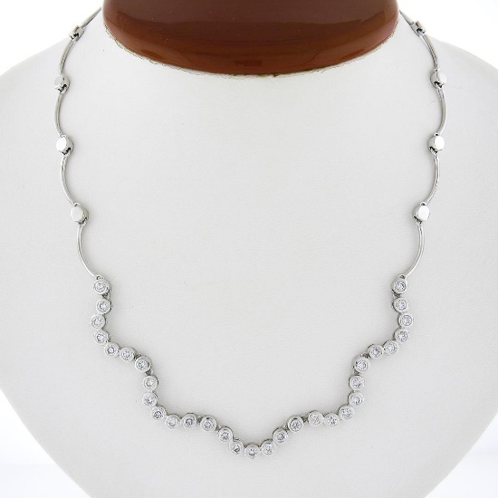 14K White Gold 16.5" 2.50 ctw Round Brilliant Bezel Diamond Wavy Link Necklace