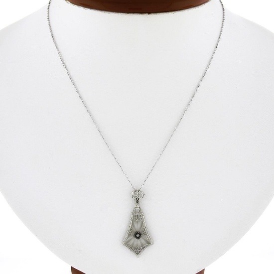 Antique Art Deco 14K Gold Camphor Glass Diamond Filigree Pendulum Pendant Chain