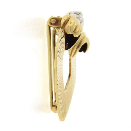 Retro Vintage 14k Gold 0.12 ctw Round Diamond Fluted Grooved Fur Clip Pin Brooch