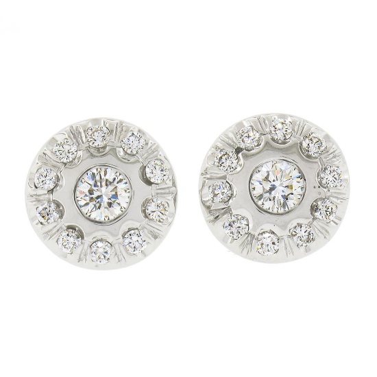 18k White Gold 0.80 ctw Round Brilliant Cut Diamond Halo Cluster Stud Earrings