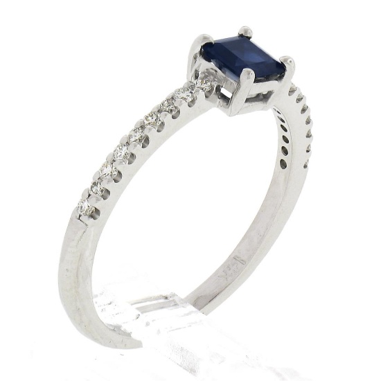 NEW 14K White Gold 0.59 ctw Square Step Cut Sapphire Solitaire & Diamond Ring
