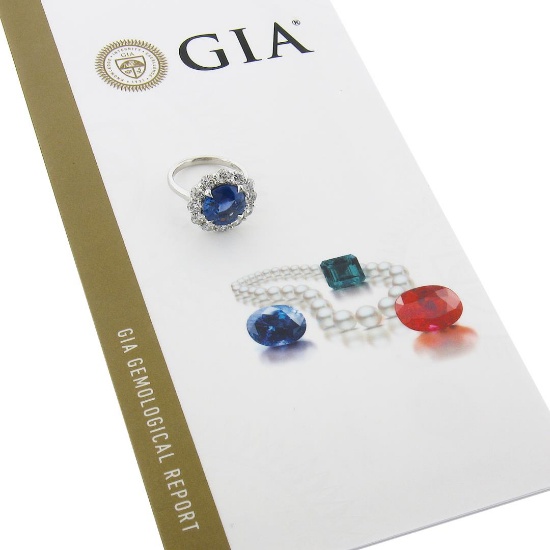 Platinum 6.42 ctw GIA Round Sapphire & Diamond Halo Low Profile Statement Ring