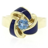 Vintage 14K Yellow Gold FINE Aquamarine & Blue Enamel Trinity Knot Cocktail Ring