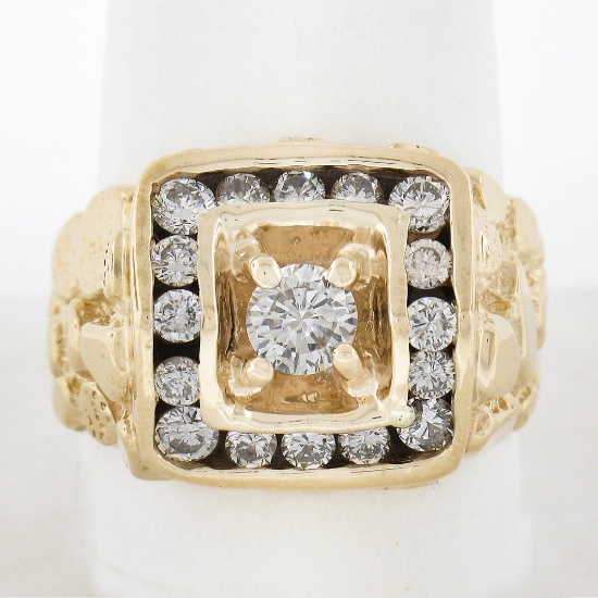 Men's Solid 14K Yellow Gold 1.26 ctw Diamond Solitaire & Halo Nugget Style Ring