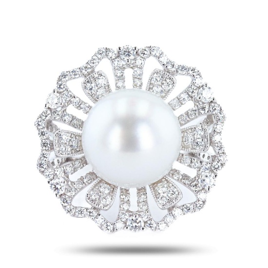 13mm White South Sea Cultured Pearl and 1.46 ctw Diamond Platinum Ring (GIA CERT