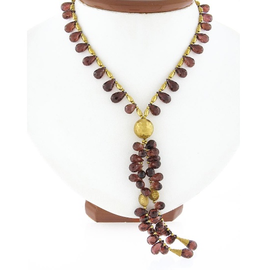 14k Yellow Gold 16.5" Briolette Cut Tear Drop Garnet & Hammered Bead Necklace