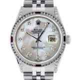 Rolex Mens Stainless Steel Diamond Lugs And Ruby Channel Set Diamond Datejust Wr