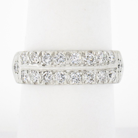Vintage Platinum 1.0 ctw Dual Row Fishtail Pave Diamond Stack Wedding Band Ring
