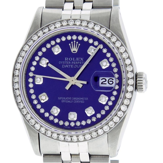 Rolex Mens Stainless Steel Blue Diamond 36MM Datejust Wristwatch
