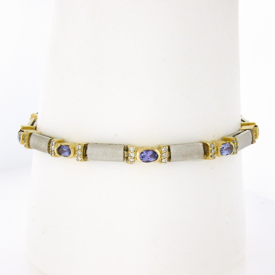 14k TT Gold 2.02 ctw Oval Tanzanite & Round Diamonds 6.75" Line Tennis Bracelet