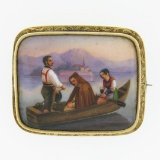 Antique 14k Gold Detailed Hand Painted Boat Scene w/ Engraved Frame Pin Brooch