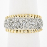 Estate 14K Two Tone Gold 1.0 ctw Round Pave Set Diamond Grooved Wide Band Ring