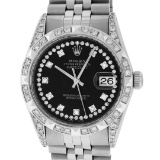 Rolex Mens Stainless Steel Black Diamond Lugs And Pyramid Bezel Datejust Wristwa