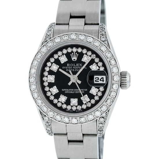 Rolex Ladies Quickset Sapphire Stainless Steel Black Diamond Lugs Datejust Wrist