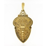 Antique Victorian 14k Gold Etruscan Revival Bead Wire Work Large Shield Pendant