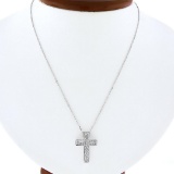 NEW 14k White Gold.60 ctw Round Pave Diamond Boxy Cross Slide Pendant & 18 Chain