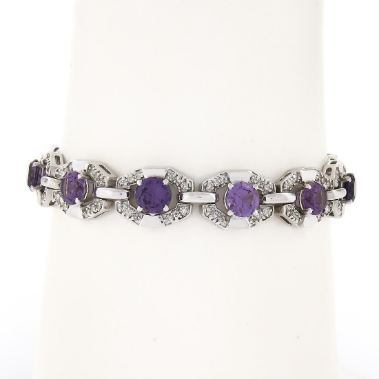 6.25" Vintage 14k White Gold Round Synthetic Alexandrite Diamond Tennis Bracelet