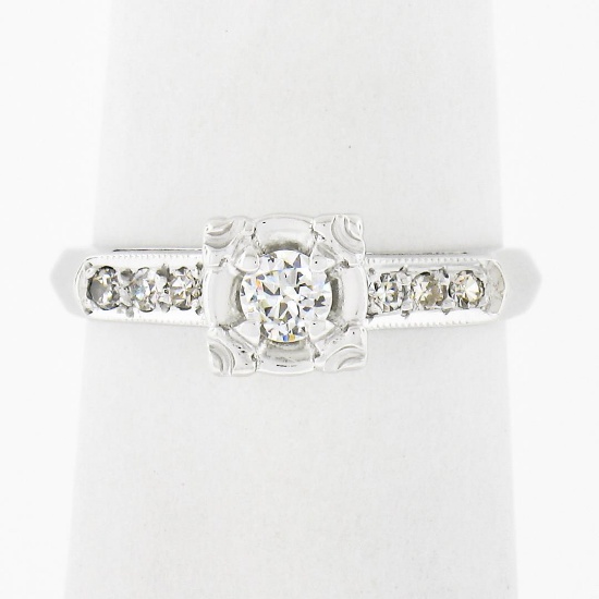 Vintage 14k White Gold 0.24 ctw Illusion Set Round Diamond Engagement Promise Ri