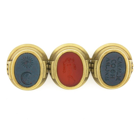 Kieselstein Cord Vintage 18k Green Gold Bloodstone Carnelian Intaglio Brooch Pin