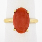 Vintage 14K Gold Elongated Oval Cabochon Pinkish-Orange Coral Solitaire Ring