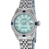 Rolex Ladies Stainless Steel Quickset Blue Diamond And Sapphire Datejust Wristwa