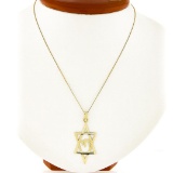 14K Gold Reversible Large Dual Finish Star of David Chai Center Pendant Necklace