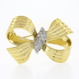Vintage 14K TT Gold 0.20 ctw Pave Diamond Center Textured Grooved Bow Pin Brooch