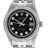 Rolex Mens 36 Stainless Steel Black String Diamond 36MM Datejust Wristwatch