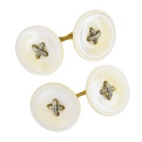 Antique 14k Gold 14.6mm Carved White Mother of Pearl Round Button Cufflinks