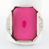 Antique Art Deco Mens Large Engraved 14k White Gold & Rectangular Red Stone Ring