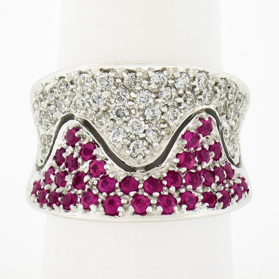 Italian 14k White Gold Pink Sapphire & Diamond Wavy Design Wide Cigar Band Ring